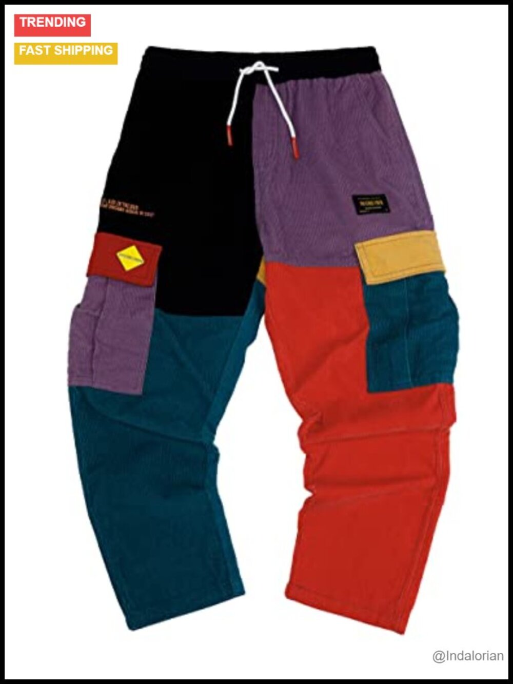 Corduroy Color Patchwork Cargo Jogger Pants Multi-Pocket Tapered Streetwear - Picture 4 of 6